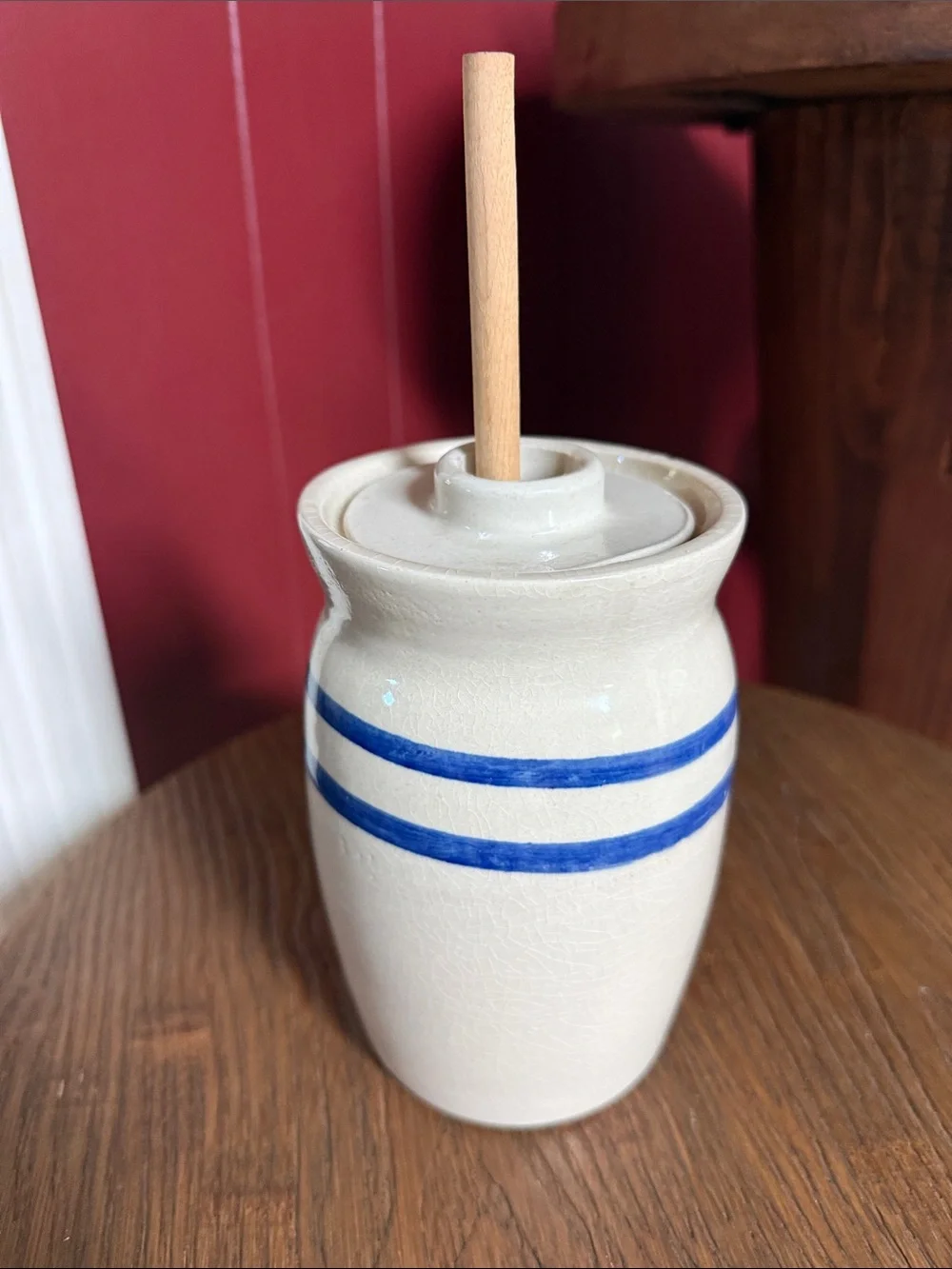 Faux Butter Churn Home Decor With Blue Strips-Great Condition-9